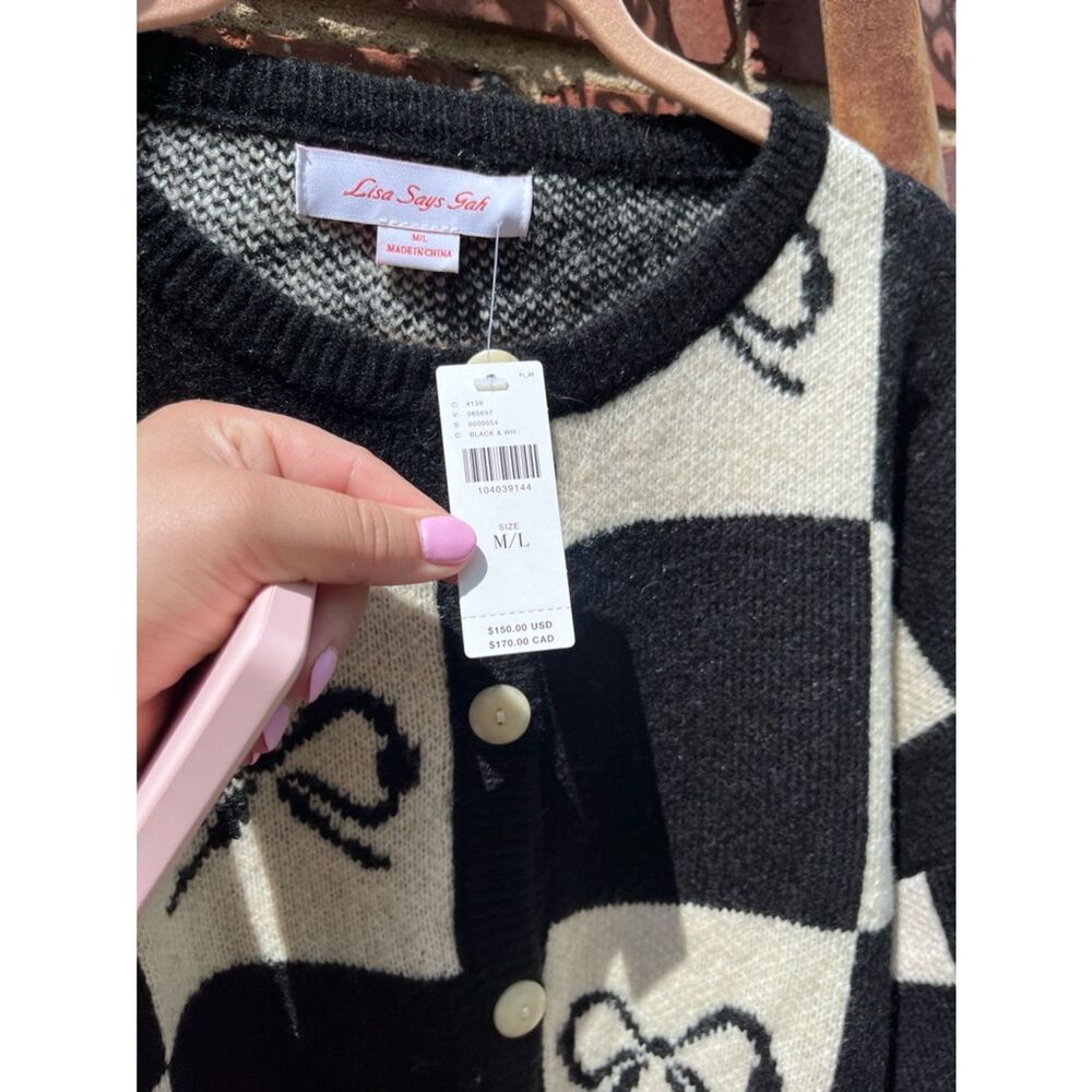 Lisa Says Gah Bow Check Lauda Cardi Sweater NWT - Picture 8 of 9